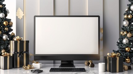 Computer with blank white screen mockup. Christmas and New Year concept. 3D Rendering.