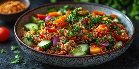 Quinoa Salad with Tomatoes, Cucumbers, Red Onion, and Parsley