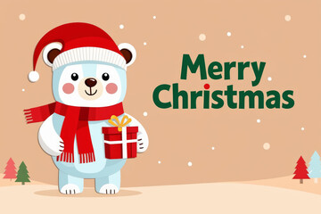 Christmas Greeting Card with cute cartoon bear holding gift. Template for New Year Cards, Scrapbooking, Stickers, Planner, Invitations. AI generated