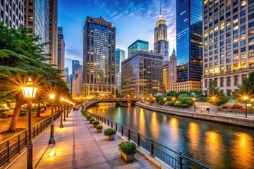 Scenic Cityscape View Of The Bustling Riverwalk Promenade Along The Chicago River At Twilight, Illuminated By Twinkling Lights And Urban Skyline.