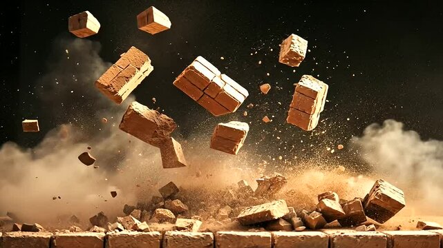 impact of an explosion through a brown brick wall, with fragments scattering in mid-air, illustrating the raw power and chaos