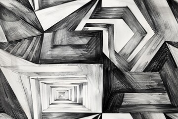 Pencil drawn abstract geometric shapes. A black and white drawing of abstract geometric shapes, creating a sense of depth.
