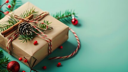 Christmas gift boxes collection, Christmas rope and Christmas balls, on a green tosca background, banner for website