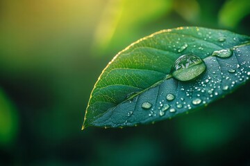 A glistening dewdrop precariously poised on a vibrant green leaf, blurred background