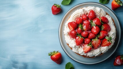A mouthwatering strawberry cake topped with fresh whipped cream, displayed beautifully on a plate with whole strawberries and mint leaves, perfect for a dessert feature.