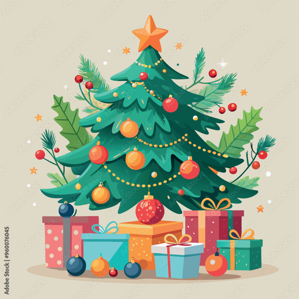 Poster a christmas tree with many ornaments and a star on top. there are also presents and a box in the bac