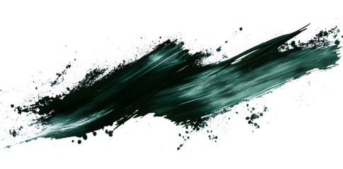 An isolated transparent png of a dark green ink brush stroke and dark green brush splashes.