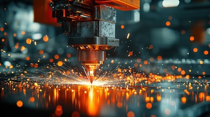 Detailed close-up of a CNC laser machine in action, engraving a metal sheet with delicate light sparks. The image is rendered with a soft focus lens style, emphasizing high detail.