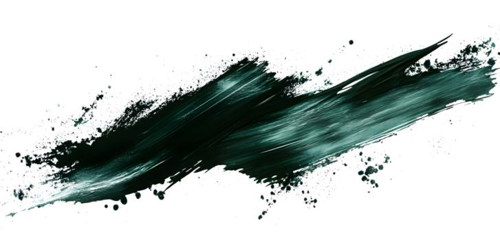 An isolated transparent png of a dark green ink brush stroke and dark green brush splashes.
