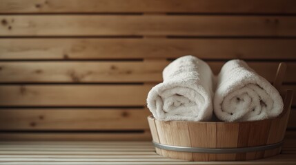 Clean, white rolled towels are neatly arranged in a wooden bucket, creating an inviting and serene ambiance for a relaxing sauna experience.