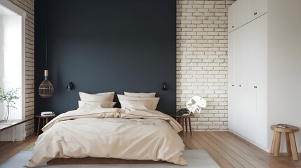 A Scandinavian interior design of a modern bedroom with a bed with beige bedding against a dark blue wall and a brick wall. 