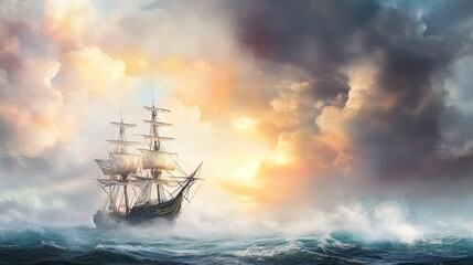 Pirate ghost ship navigating through cursed waters