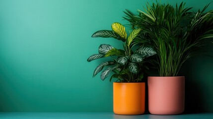Obraz premium A pair of house plants in brightly colored orange and pink pots, placed on a light blue surface against a contrasting green background, embodying nature indoors.