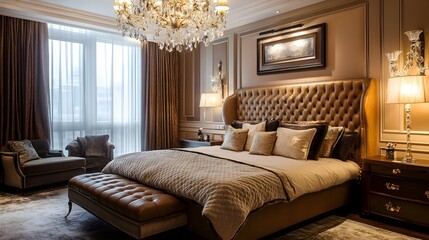 Elegant and Opulent Bedroom Interior Featuring a Tufted Leather Headboard Gold Accents and a Sparkling Crystal Chandelier for a Sophisticated and Exclusive Ambiance
