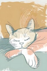 Fototapeta premium A cozy cat napping subtly outlined in dreamy pastel tones AI generated