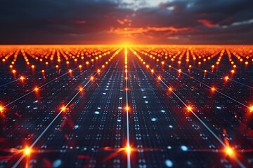 Close up view of solar panels at sunset.