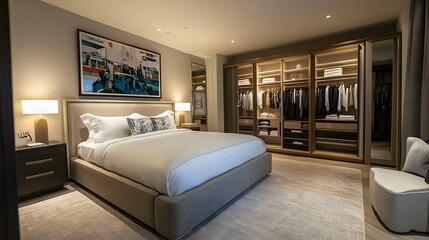 Luxurious King Sized Bedroom with Plush Carpeting and Spacious Walk In Closet   Cozy and Elegant Interior Design of a High End Suite or Mansion Like Residence