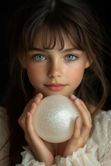 Naklejka premium Young girl with striking green eyes and long brown hair, gently holding a glowing sphere. Her serene expression and soft lighting give a magical, ethereal feel.