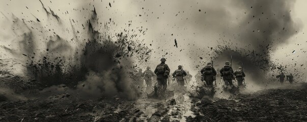 A historical black-and-white photograph capturing a dramatic battlefield scene with soldiers in action.