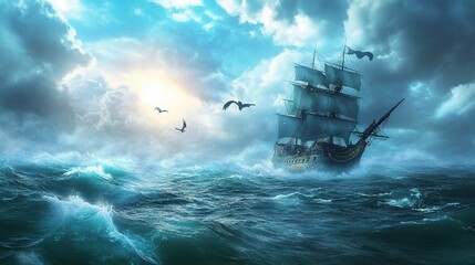 Pirate ship under attack by ghostly sea creatures eerie ocean