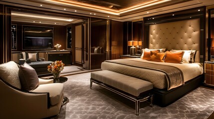 A lavish and sophisticated bedroom featuring a grand extravagant bed custom designed furniture and a private seating area creating an indulgent and high end living space