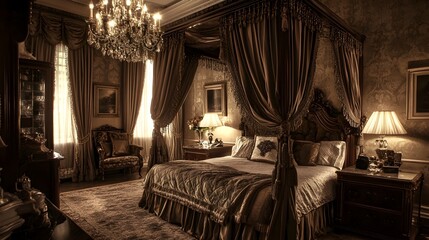 Luxurious and Opulent Bedroom Oasis with a Majestic Canopy Bed Flowing Silk Curtains and a Breathtaking Crystal Chandelier Overhead Creating an Atmosphere of Refined Sophistication and Grandeur