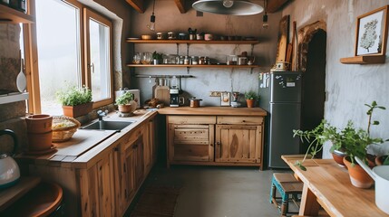 A cozy zerowaste kitchen with wooden furnishings AI generated