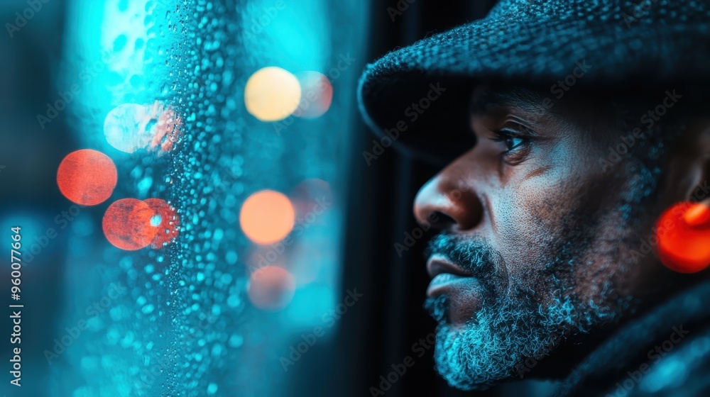 Poster a visually captivating image displaying raindrops on a window with vibrant, out-of-focus city lights