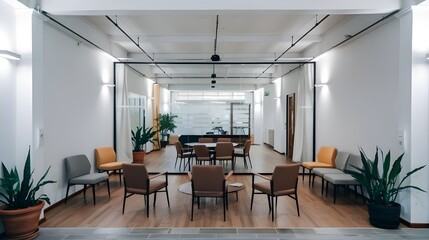 Fototapeta premium An empty modern meeting room with a few chairs and a table. The room has white walls, a wood floor, and a few potted plants. There's a glass wall separating the room from a hallway.