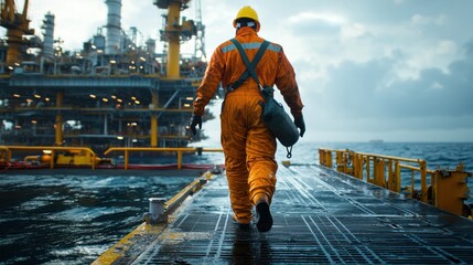 Close-up aerial shot of an offshore oil platform with a worker in a safety helmet and coverall walking along the edge, highlighting the complex layout of the platform and its operational components.