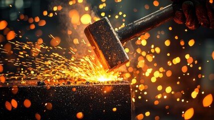 Detailed close-up of a hot metal ingot being hammered by a blacksmith is hammer on an anvil, with glowing red and orange sparks flying off. 