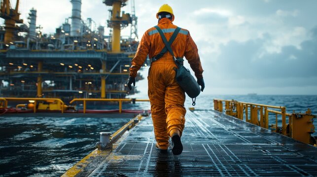 Close-up aerial shot of an offshore oil platform with a worker in a safety helmet and coverall walking along the edge, highlighting the complex layout of the platform and its operational components.