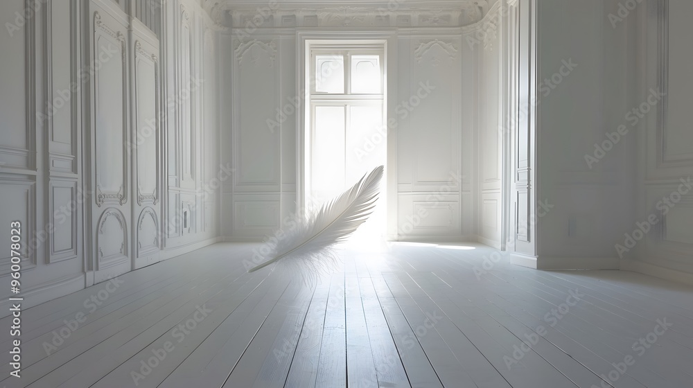 Poster a feather gently descending in the stillness of an empty room ai generated