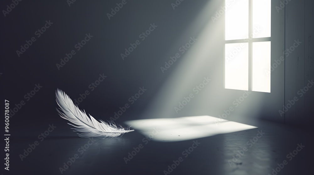 Poster a feather gently descending in the stillness of an empty room ai generated