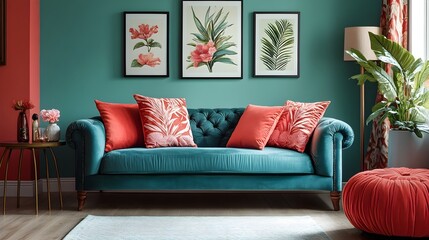 Vibrant and Soothing Teal and Coral Colored Living Room Interior with Comfortable and Visually Appealing Furnishings and Decor