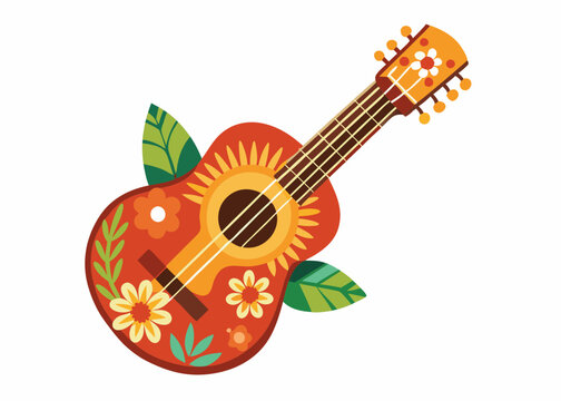 recommend clip art: Colored ukulele. The tool is brown, decorated with flowers. Musical instrument. Relaxation, hawaii, melody. Flat vector illustration isolated on white background
                    
