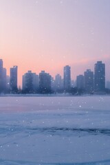 Fototapeta premium A gentle snowfall against a pastel city skyline AI generated