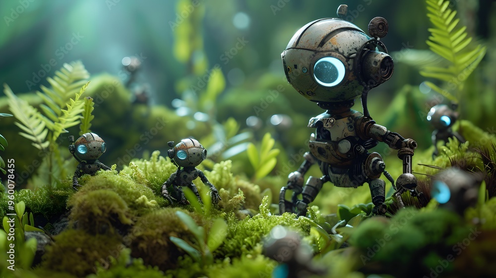 Poster a group of tiny robots exploring a lush mossy forest ai generated