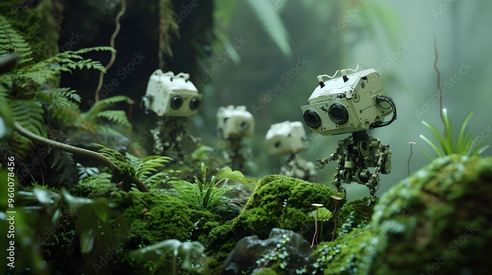 Poster a group of tiny robots exploring a lush mossy forest ai generated