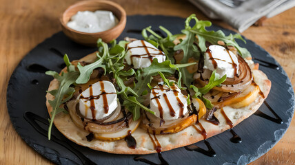 A gourmet flatbread topped with roasted garlic, goat cheese, caramelized onions, and fresh arugula, drizzled with balsamic reduction and served on a slate platter.