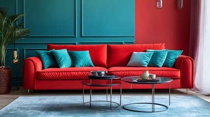Inviting and Cozy Living Room Showcasing a Vibrant Red and Turquoise Color Scheme Featuring a Comfortable Sofa Plush Cushions and Stylish Home Decor Accents