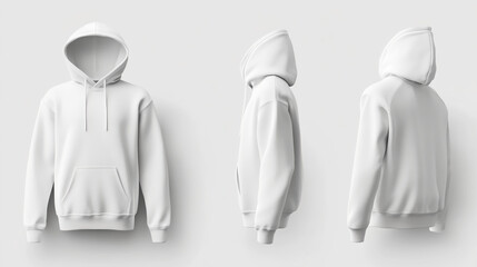 Plain white hoodie displayed on a plain white background with a simple and clean design.