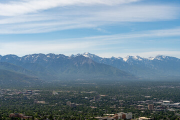 Sunny views of the Salt Lake Valley and Wasatch Range from atop Ensign Peak.
