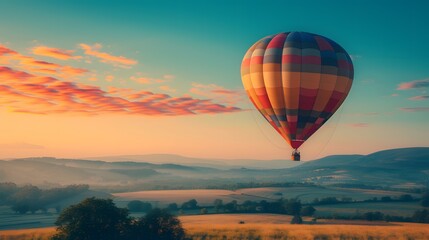 Fototapeta premium A hot air balloon calmly floating across a serene landscape AI generated