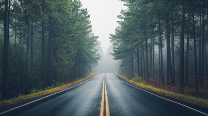 Fototapeta premium Road disappearing into the distance among tall pines