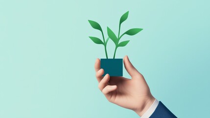 Minimalistic background featuring a hand holding a green plant symbolizing business growth and financial prosperity 