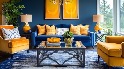 Captivating Cobalt and Amber Hued Living Room with Sophisticated Decor Arrangement   A modern and minimalist living space showcasing a harmonious color palette of deep cobalt blue and warm amber