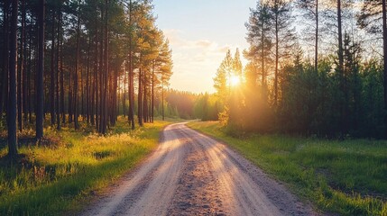 Fototapeta premium Road through a pine forest at sunrise