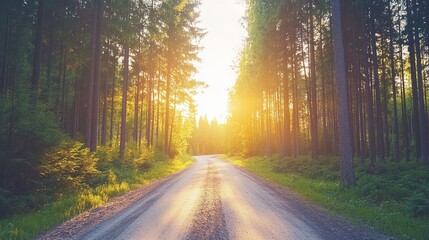Fototapeta premium Road through a pine forest at sunrise