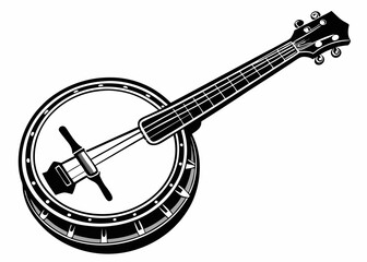 Obraz premium Monochrome Vector Illustration of a Banjo Musical Instrument, Isolated on White Background, Artistic Design.